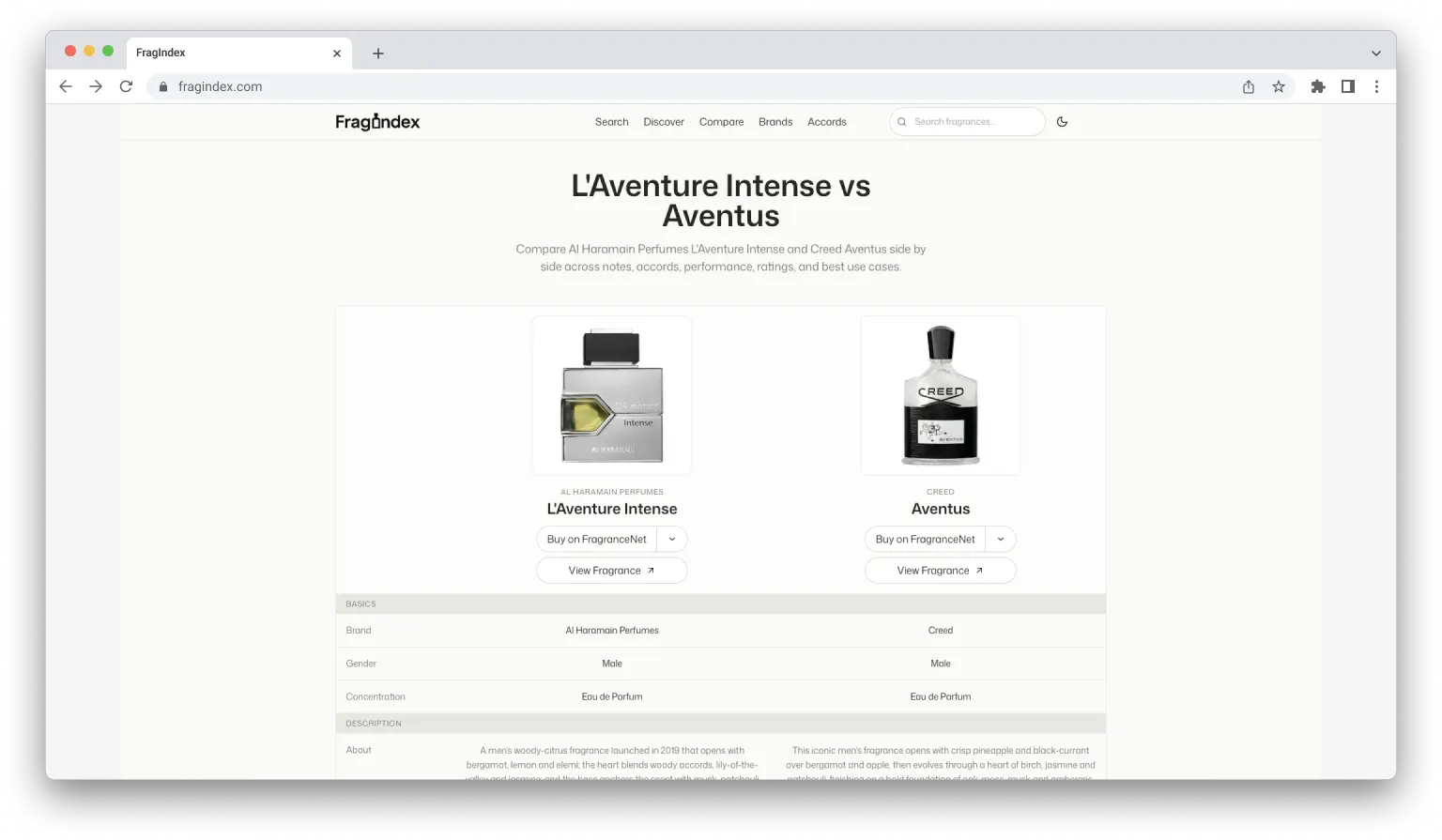FragIndex clone comparison page screenshot