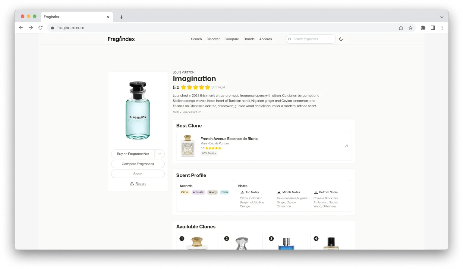 FragIndex fragrance detail page screenshot