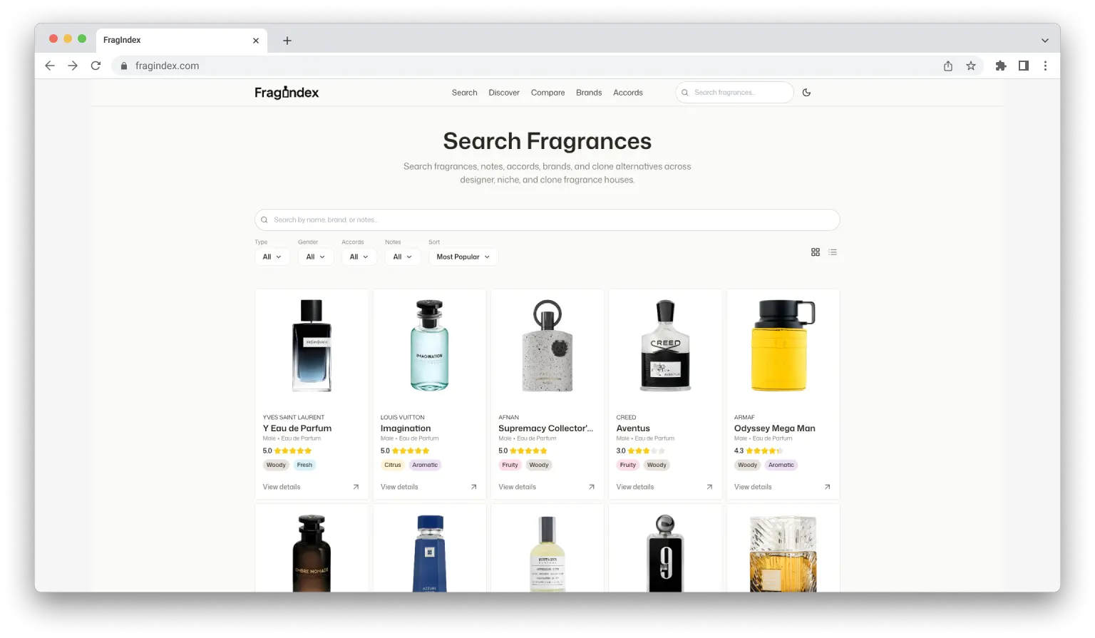 FragIndex search and discovery page screenshot