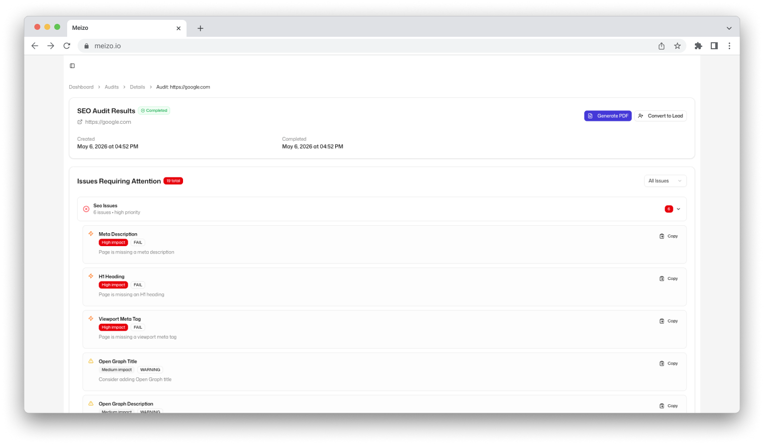 Meizo audit screenshot