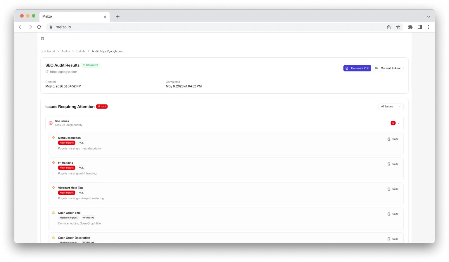 Meizo audit screenshot