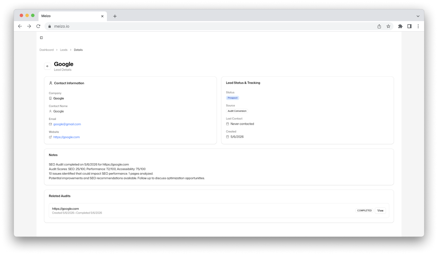Meizo lead management screenshot