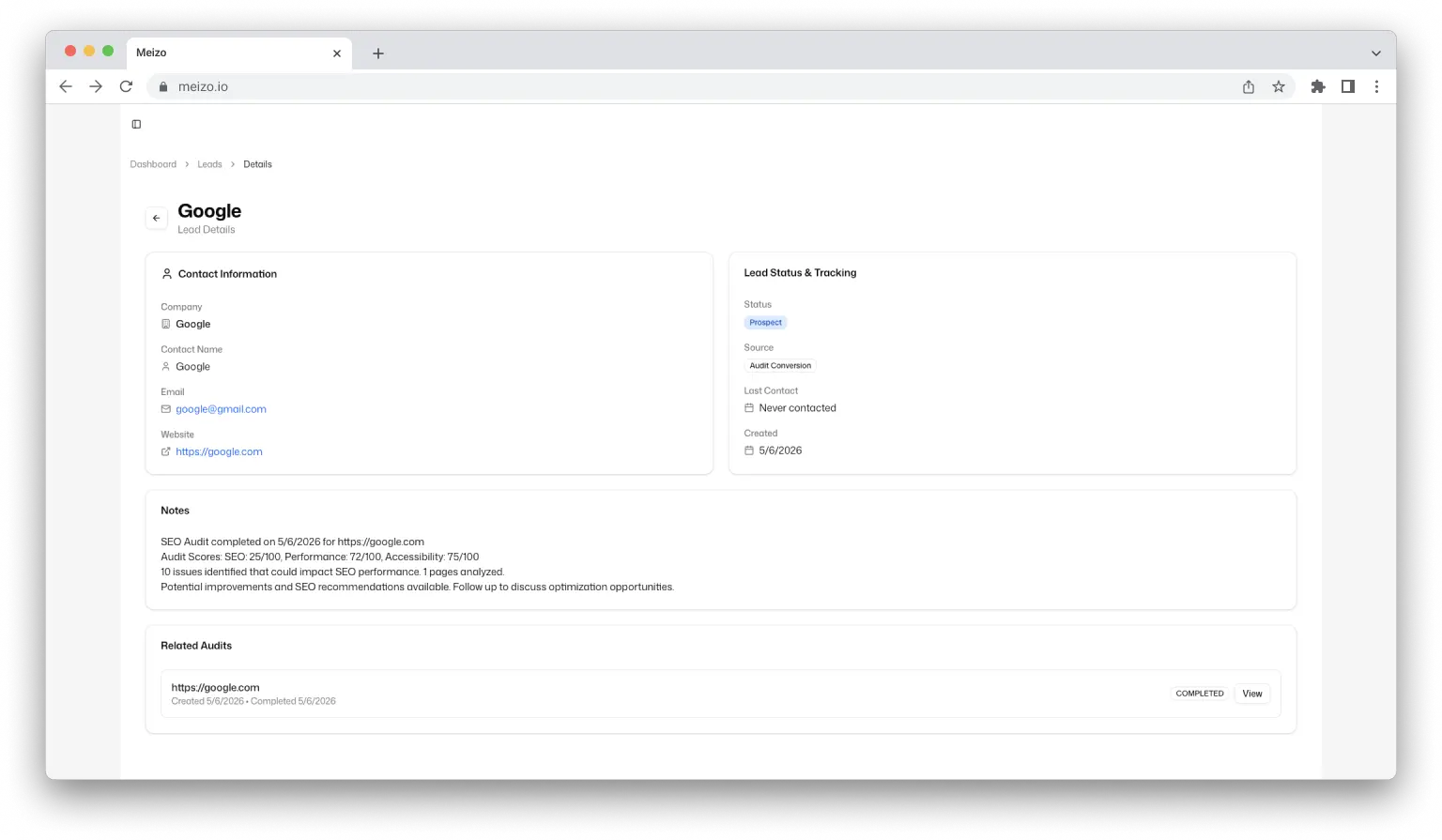 Meizo lead management screenshot
